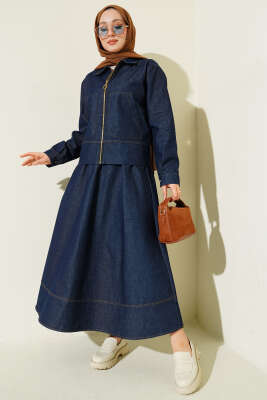 Fermuarlı Çift Cepli Kot Etekli Takım Lacivert - VAV TEKSTİL