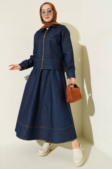 Fermuarlı Çift Cepli Kot Etekli Takım Lacivert - İkili Takım