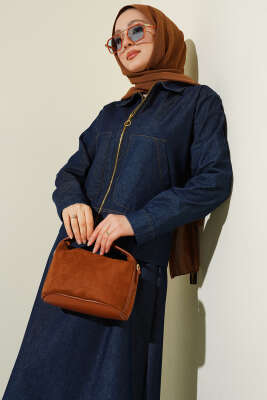 Fermuarlı Çift Cepli Kot Etekli Takım Lacivert - İkili Takım