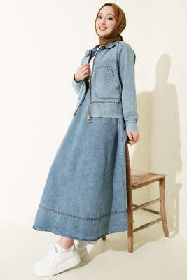 Fermuarlı Çift Cepli Kot Etekli Takım Mavi - VAV TEKSTİL