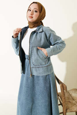 Fermuarlı Çift Cepli Kot Etekli Takım Mavi - İkili Takım