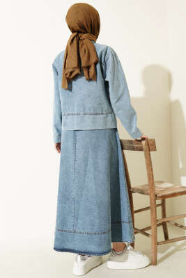 Fermuarlı Çift Cepli Kot Etekli Takım Mavi - İkili Takım