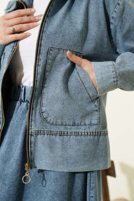 Fermuarlı Çift Cepli Kot Etekli Takım Mavi - İkili Takım