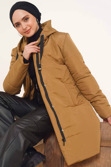 Fermuarlı Çıtçıt Düğmeli Şişme Mont Camel - Mont