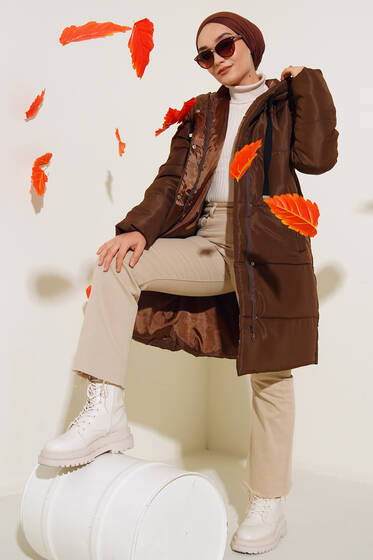 Fermuarlı Çıtçıt Düğmeli Şişme Mont Kahve - Mont