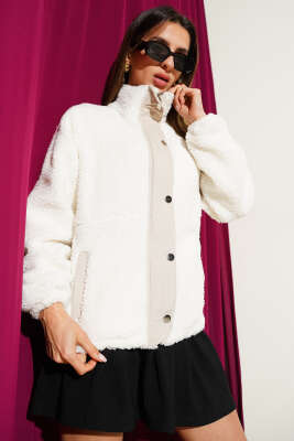 Fermuarlı Çıtçıtlı Peluş Mont Ekru - TİLLE