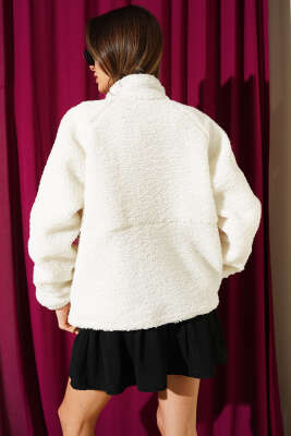 Fermuarlı Çıtçıtlı Peluş Mont Ekru - Kadın Giyim Modelleri