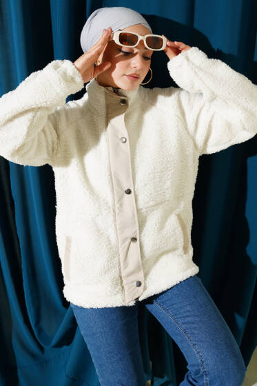 Fermuarlı Çıtçıtlı Peluş Mont Ekru - Mont