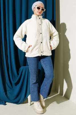 Fermuarlı Çıtçıtlı Peluş Mont Ekru - Mont