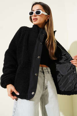 Fermuarlı Çıtçıtlı Peluş Mont Siyah - TİLLE