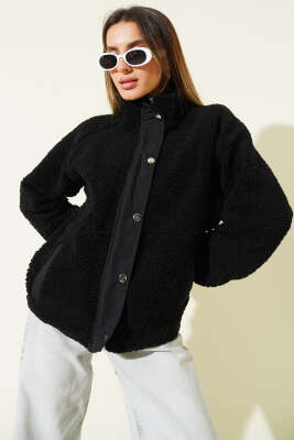 Fermuarlı Çıtçıtlı Peluş Mont Siyah - Kadın Giyim Modelleri