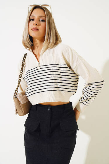 Fermuarlı Çizgili Crop Kazak Bej - Triko