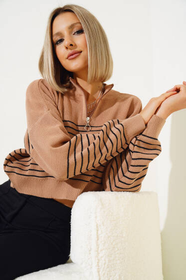 Fermuarlı Çizgili Crop Kazak Camel - Triko