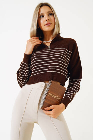 Fermuarlı Çizgili Crop Kazak Kahve - Triko