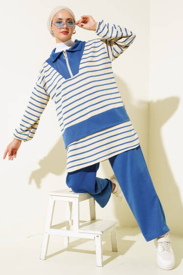 Fermuarlı Çizgili Gömlek Yaka Takım İndigo - İkili Takım