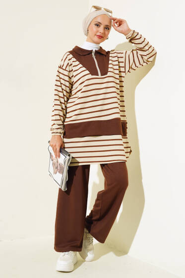 Fermuarlı Çizgili Gömlek Yaka Takım Kahve - İkili Takım