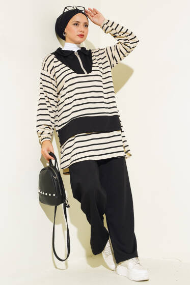 	 Fermuarlı Çizgili Gömlek Yaka Takım Siyah - İkili Takım