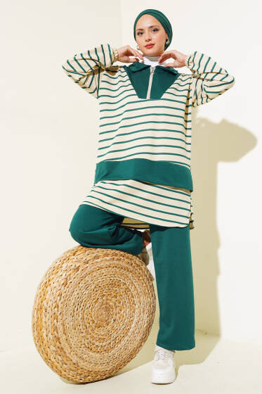 Fermuarlı Çizgili Gömlek Yaka Takım Zümrüt - İkili Takım