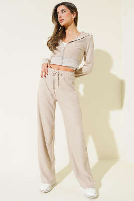 Fermuarlı Crop Hırka İkili Takım Bej - Kadın Giyim Modelleri