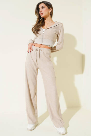 Fermuarlı Crop Hırka İkili Takım Bej - Kadın Giyim Modelleri