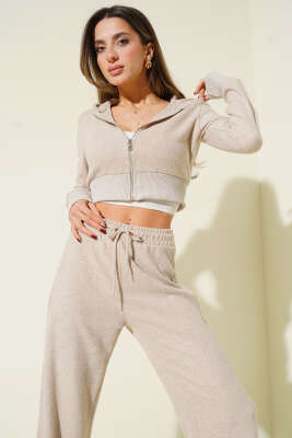 Fermuarlı Crop Hırka İkili Takım Bej - Kadın Giyim Modelleri