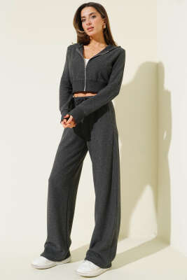 Fermuarlı Crop Hırka İkili Takım Füme 