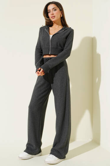 Fermuarlı Crop Hırka İkili Takım Füme - Kadın Giyim Modelleri