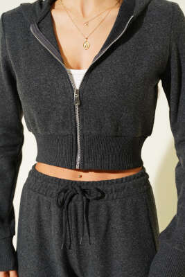 Fermuarlı Crop Hırka İkili Takım Füme - Kadın Giyim Modelleri