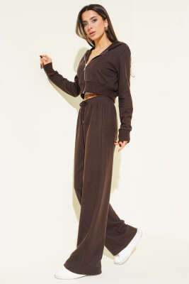 Fermuarlı Crop Hırka İkili Takım Kahve 