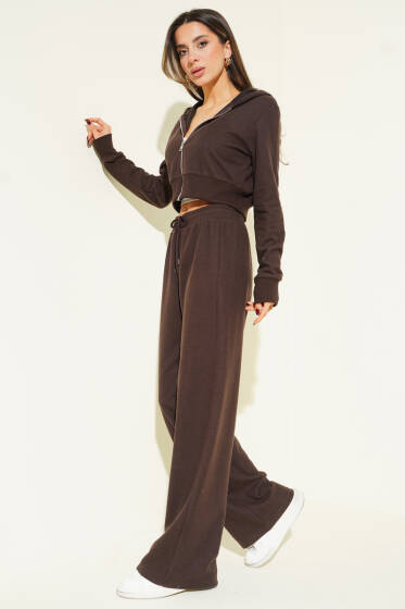 Fermuarlı Crop Hırka İkili Takım Kahve - Kadın Giyim Modelleri