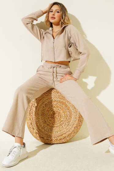 Fermuarlı Crop İkili Takım Bej - Kadın Giyim Modelleri