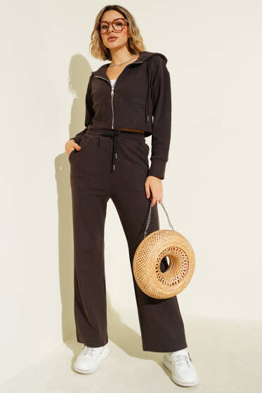 Fermuarlı Crop İkili Takım Kahve - Kadın Giyim Modelleri