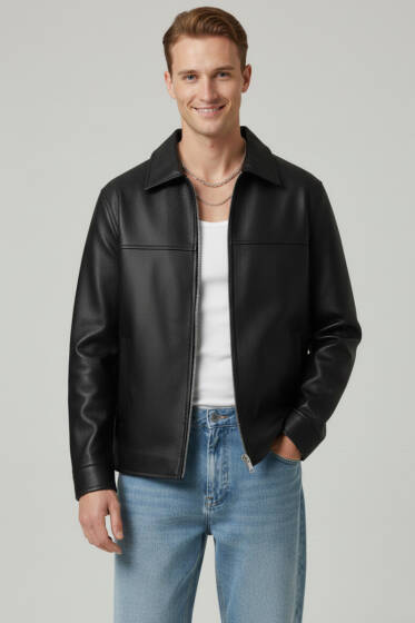 Fermuarlı Deri Erkek Ceket Siyah - Erkek Ceket