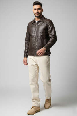 Fermuarlı Deri Erkek Mont Kahve - Erkek Mont