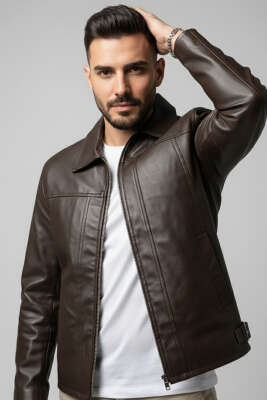 Fermuarlı Deri Erkek Mont Kahve - BY MAMİ