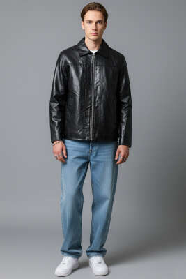 Fermuarlı Deri Erkek Mont Siyah - Erkek Mont