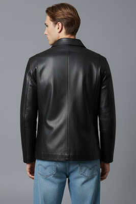 Fermuarlı Deri Erkek Mont Siyah - Erkek Mont