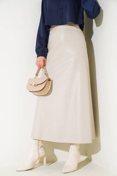 Fermuarlı Deri Kloş Etek Bej - Etek