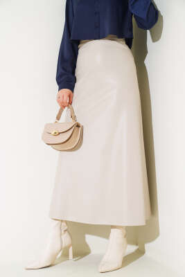 Fermuarlı Deri Kloş Etek Bej - Uzun Etek