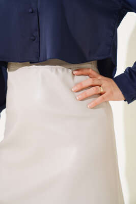 Fermuarlı Deri Kloş Etek Bej - Uzun Etek