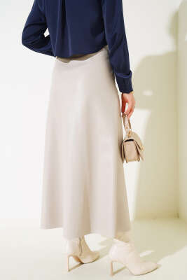 Fermuarlı Deri Kloş Etek Bej - Uzun Etek