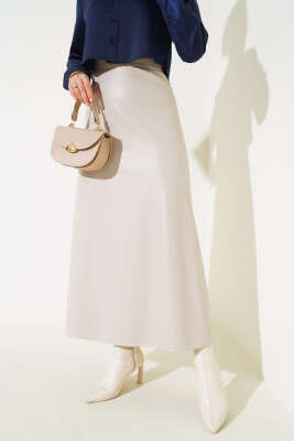 Fermuarlı Deri Kloş Etek Bej - Uzun Etek