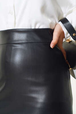 Fermuarlı Deri Kloş Etek Siyah - Uzun Etek