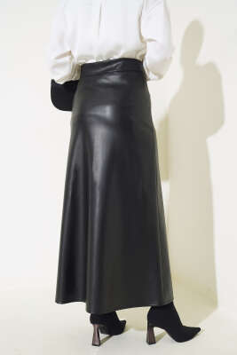 Fermuarlı Deri Kloş Etek Siyah - Uzun Etek