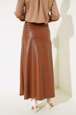 Fermuarlı Deri Kloş Etek Taba - Uzun Etek