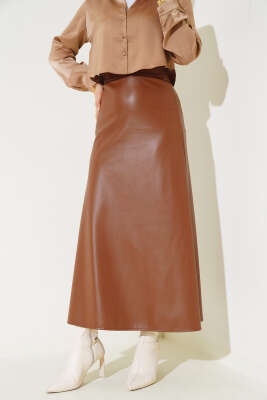 Fermuarlı Deri Kloş Etek Taba - Uzun Etek