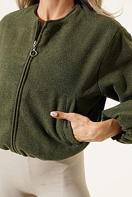 Fermuarlı Detaylı Kaşe Ceket Haki - Kadın Giyim Modelleri