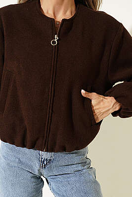 Fermuarlı Detaylı Kaşe Ceket Kahve - Kadın Giyim Modelleri