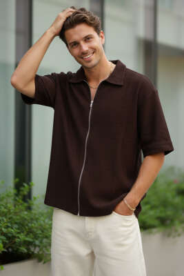 Fermuarlı Detaylı Kısa Kol Gömlek Bej - FRESHMAN