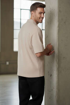 Fermuarlı Detaylı Kısa Kol Gömlek Bej - Erkek Gömlek